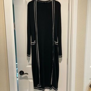 EUC, long duster open front black cardigan with white and sliver accent trim, M.